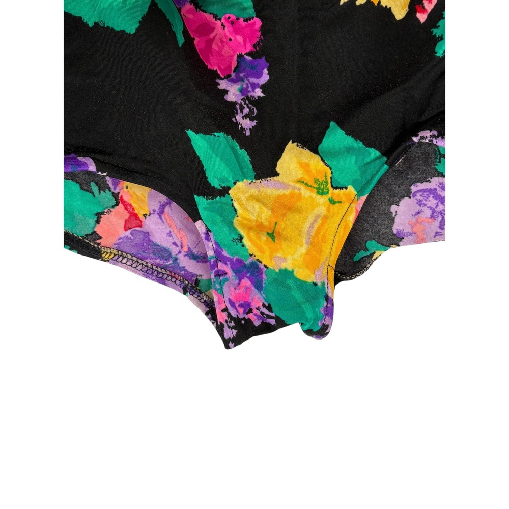 Vintage Floral Swim Dress Black Multi Color Ruffle One Piece Swimsuit Size L - Picture 4 of 6